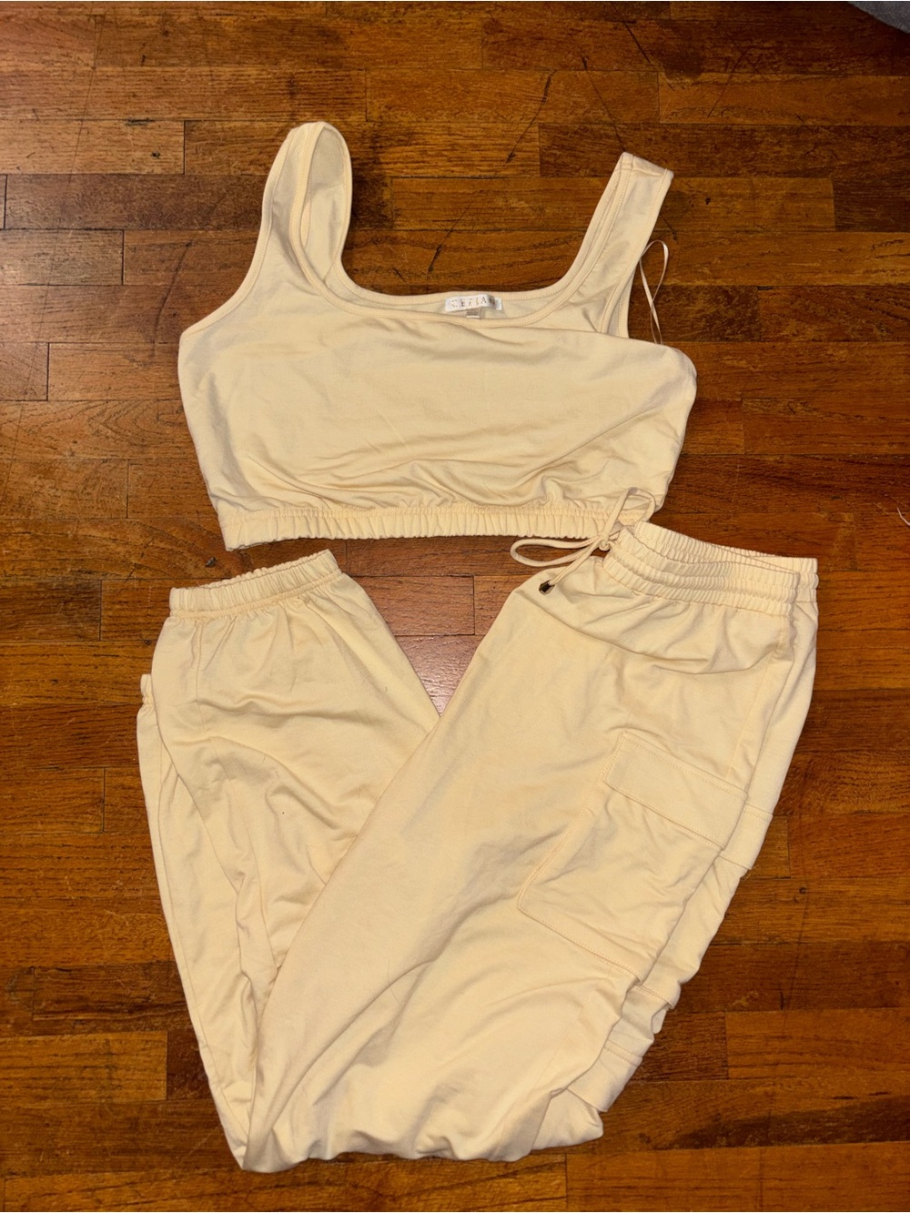 Women's Cream Crop Tank & Cargo Jogger Set - Neutral Lounge Wear
